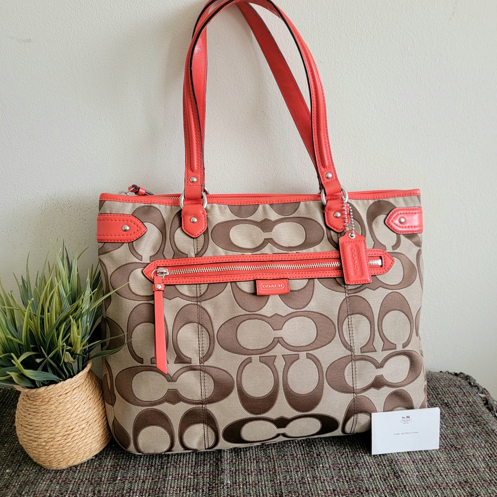 Coach Brown and Red Signature Tote Bag